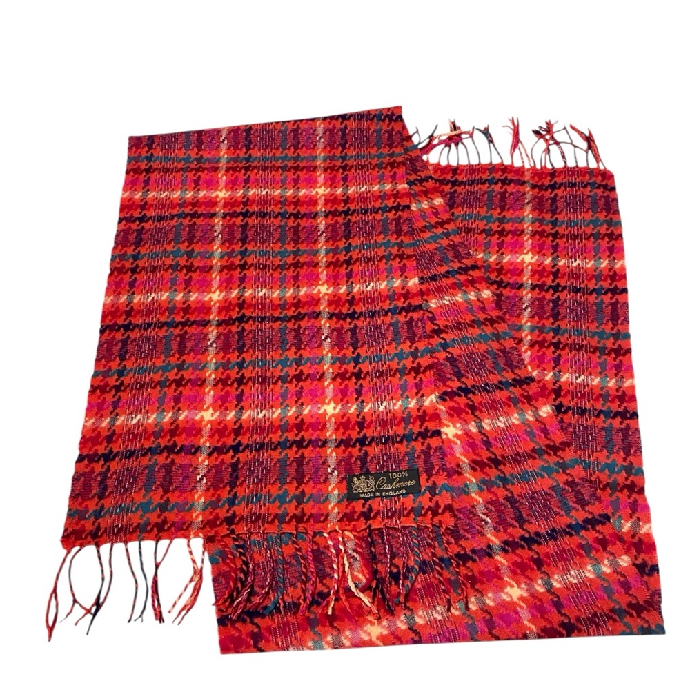 Vintage 100% Cashmere Scarf Made in England Red Houndstooth Plaid Fringe